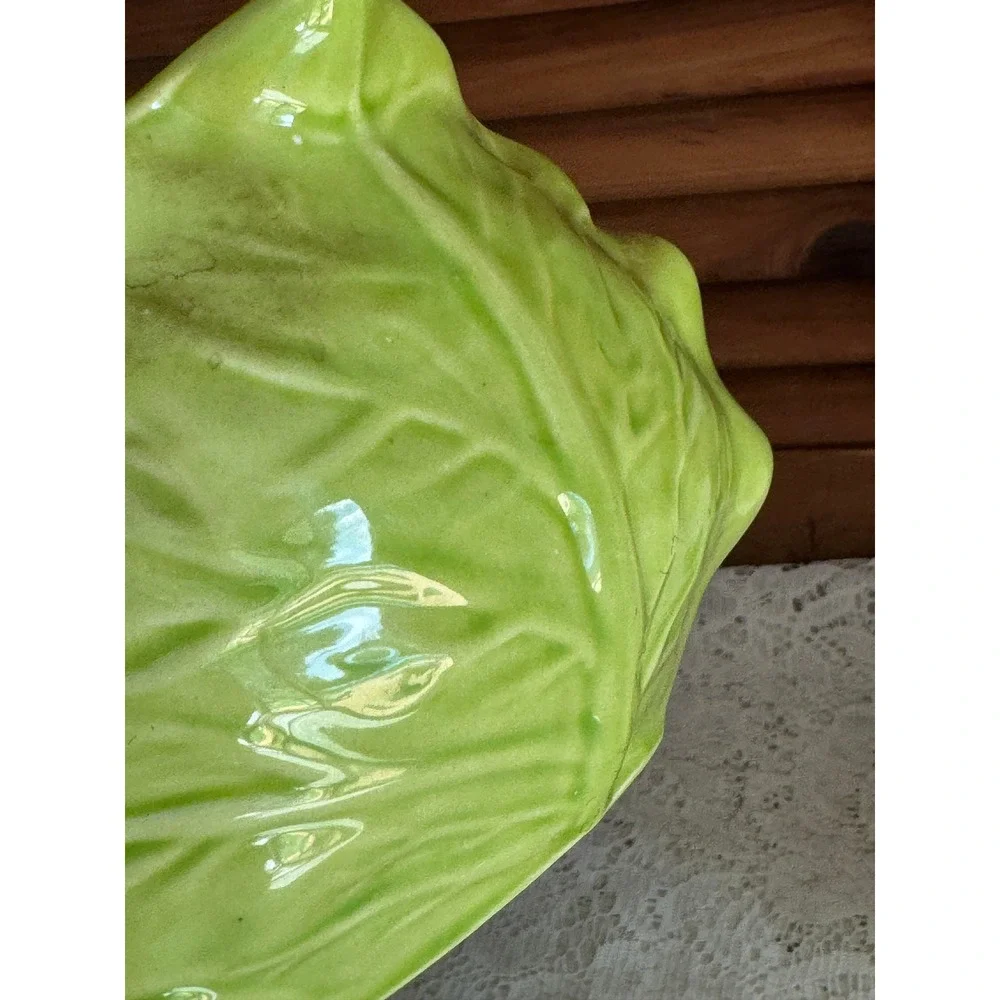 Vintage 1971 Mabel and Orval Kalb Ceramic Cabbage Tureen Green Leaf Lidded Bowl